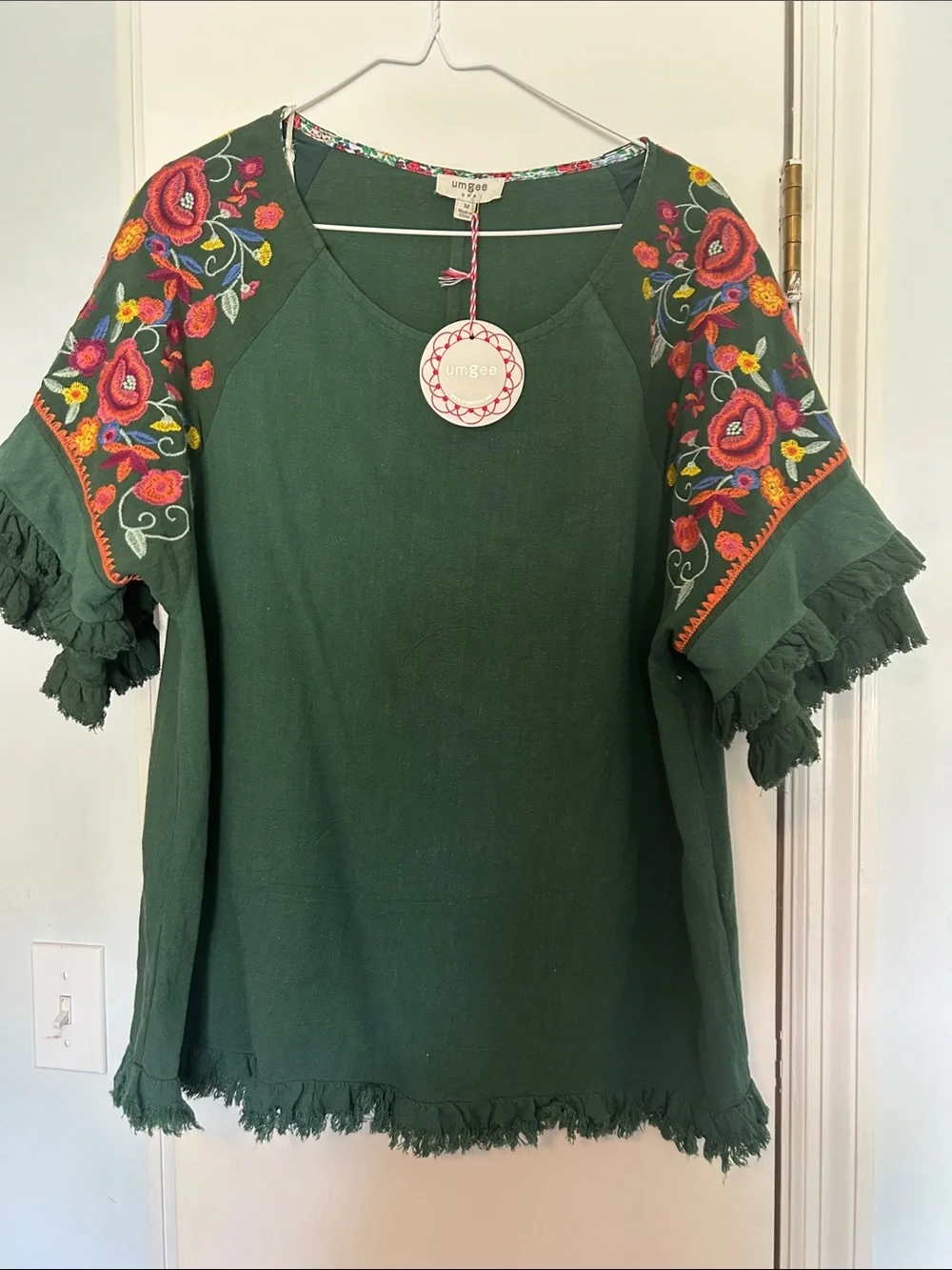 NWT Umgee Dark Green Boho Embroidered Fringe Tunic - Picture 6 of 6